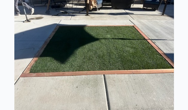 Custom concrete patio with a wood-framed artificial turf inset installed in Fernley, Nevada